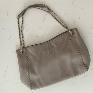 Tory Burch Tote Bag Womens Purse Marion Chain Slouchy French Gray Leather
